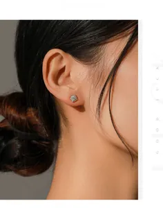 Detailed close-up of a classic four-prong moissanite stud earring worn on the ear