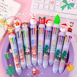 Christmas themed 10-color retractable ballpoint pen with cartoon reindeer and snowman toppers