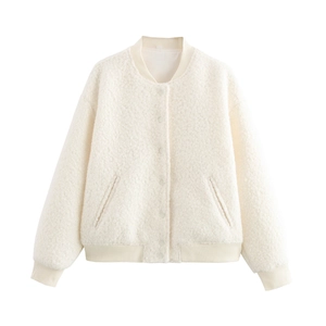 Women's cream sherpa bomber jacket with button-down front and casual baseball collar