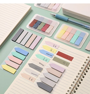 Macro shot of Morandi PET index tabs on a notebook with handwritten subject labels