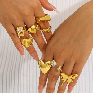 Gold geometric stainless steel rings set with zircon heart and butterfly designs