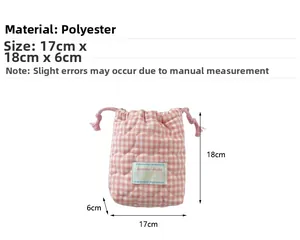 Detailed view of pink heart quilted polyester drawstring camera bag with measurements