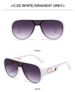 Front and side view of white aviator sunglasses with gold hollow metal temple detail