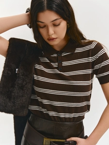 Women Striped Polo Shirt Short Sleeve Knitted Top Cotton Polyester Blend Retro Casual Lapel Button Up Streetwear Style