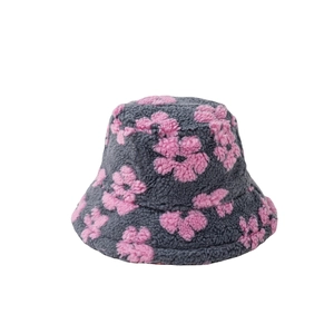 Plush grey bucket hat with pink flower patterns for winter warmth and fashion