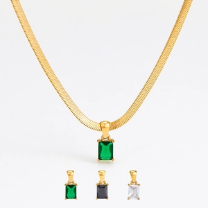 Collier Pendentif Zircon Carré Minimaliste En Acier Inoxydable Plaque Or Chaîne Serpent Bijoux De Luxe Pour Femmes