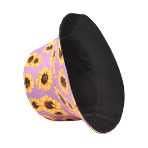 Detail of purple bucket hat featuring yellow sunflower prints and black inner lining