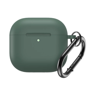 Detail of dark green silicone case for AirPods 4 with black metal carabiner clip