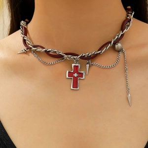 Gothic Y2K choker with burgundy leather, silver chains, and red cross pendant