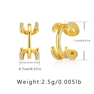 Detailed dimensions of 18K gold plated C-shaped ear cuffs with zircon inlays