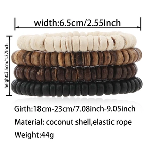 Detailed view of layered coconut shell bead bracelets with sizing and material info