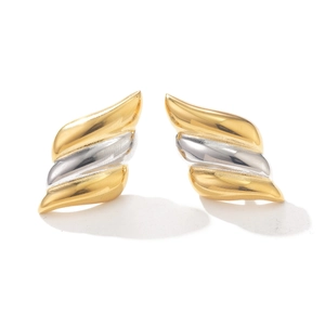 Polished wave-textured C-shape earrings in contrasting gold and silver finishes