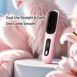 Cordless ionic hair straightener brush in pink with LCD display at 200°C for travel