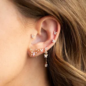 Flower Butterfly Tassel Drop Earrings Copper Inlaid Cubic Zirconia With Silver Earring Post Elegant Sweet Jewelry For Women