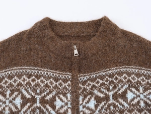 Detail of a brown fuzzy knit cardigan with a two-way zipper and Nordic jacquard pattern