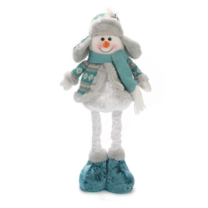 Detail of a plush Christmas snowman doll featuring knitted hat and scarf in blue-gray tones