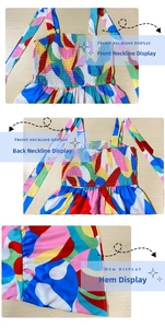 Detail view of colorful floral smocked bodice and hemline on a summer maxi dress