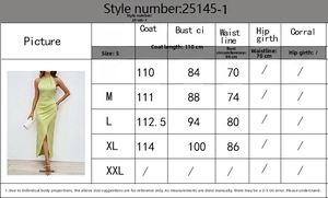 Size guide table for the green halter-neck split dress with bust and waist measurements