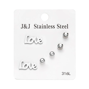 Detailed set of three stainless steel stud earrings with Love lettering and zircon stones