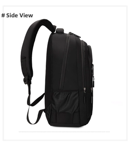 Vista lateral detallada de la mochila de negocios para portátil con bolsillo de malla y correas