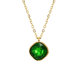 18K gold plated stainless steel necklace with square emerald green zircon pendant