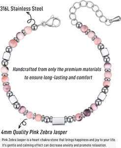 Detail view of 4mm Pink Zebra Jasper stone beads and durable 316L stainless steel chain