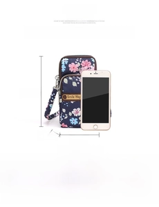 Detailed size chart for floral mini nylon shoulder bag showing 18x9x6cm dimensions