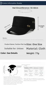Size chart for black flat top military cap showing 56-60cm head circumference details