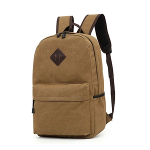 Classic canvas backpack in khaki brown with front zipper pocket and lash tab on white background