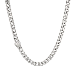 Polished silver cuban link necklace with a round sparkling diamond-set clasp closure