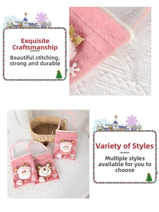Close-up of pink felt Christmas gift bag featuring 3D Santa and reindeer embroidery details