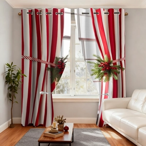 Christmas velvet curtains with red and white stripes, pine branch and berry decor
