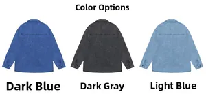 Rear view of long sleeve denim shirts in dark blue, dark grey, and light blue washes