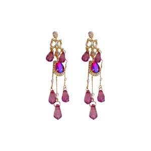 Pink crystal tassel earrings with silver needle and gold finish in a vintage palace style