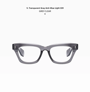 Detail view of square grey clear frames with anti-blue light lenses and C09 model marking