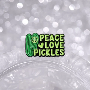Creative Peace Love Pickles enamel pin with green cartoon cucumbers on metal base