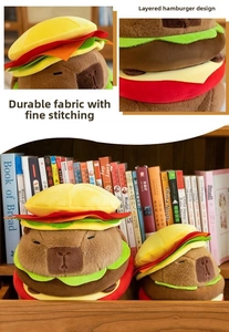Detailed close-up of the plush burger layers and soft fabric of the Capybara stuffed toy