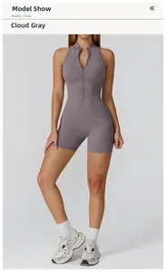 Detail of high-stretch yoga jumpsuit in cloud grey with half-zip stand collar