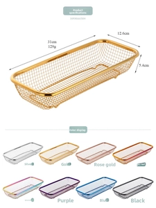Macro detail of rectangle stainless steel mesh cutlery basket showing 8 color options