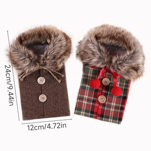 Detailed size view of Christmas wine bottle covers with faux fur trim and buttons