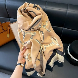 Khaki woven cashmere-feel horsebit jacquard shawl with tassels and equestrian pattern