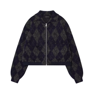 Diamond knit bomber jacket with plush texture and collar for women in navy blue