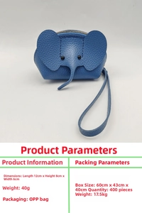 Blue leather elephant coin purse with zip closure and wristlet, size 12x8x6cm