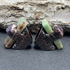 Vintage copper open rings with natural green chrysoprase and purple amethyst raw stones