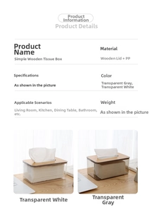 Detail of Nordic tissue box showing wood lid texture and transparent grey PP container