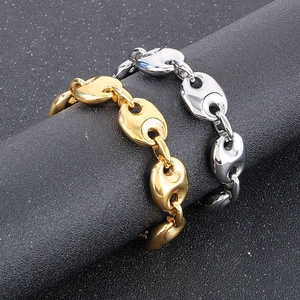 Polished gold and silver stainless steel pig nose coffee bean link bracelets for men and women