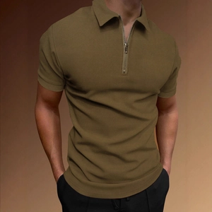 Men Polo Shirt Half Zip Short Sleeve Waffle Knit Textured Casual Athletic Slim Fit Top Solid Color Soft