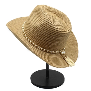 Elegant Straw Sun Hat French Retro Wide Brim Artificial Pearl Chain Tassel Decor Shading Summer Beach For Women