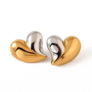 Minimalist 18K gold and silver two-tone heart stud earrings with a high-polished finish