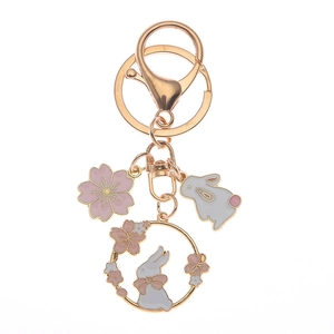 Japanese style pink cherry blossom and white bunny enamel keychain with gold metal lobster clasp